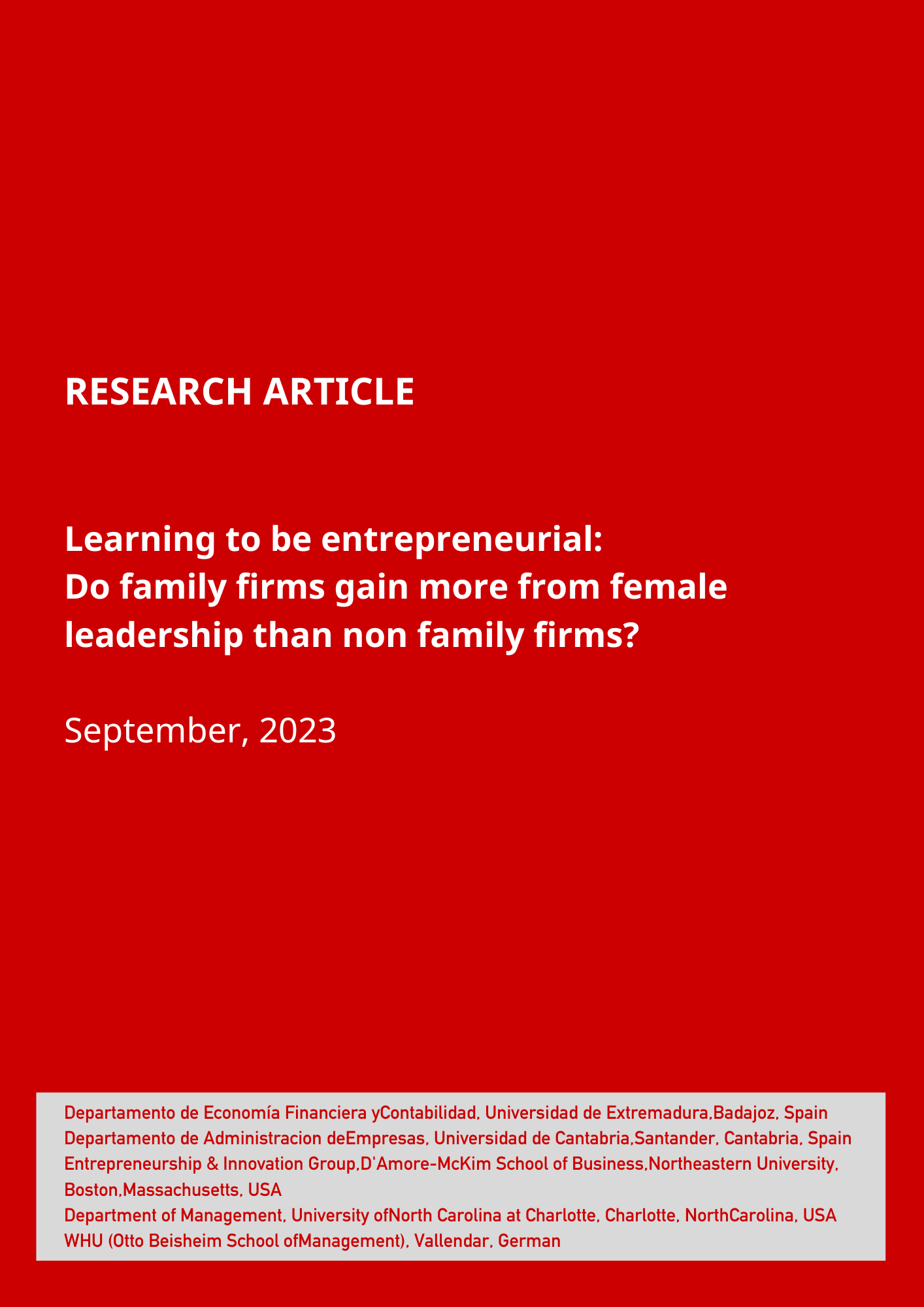 "Do family firms gain more from female leadership than non family firms?" Article published in the Strategic Entrepreneurship Journal.